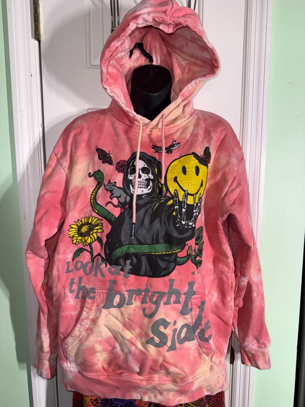 Market Smiley Pink Tie-Dye “Look on the Bright Side” Graphic Hoodie Size Medium